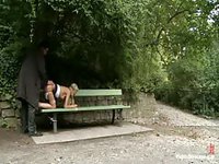 BDSM vid features blonde coed bound to public bench with panties down to be used freely