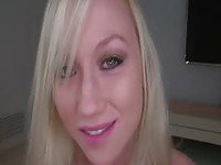 Sinfully hot blonde coed reveals humungous fake boobs before deep throating dick and swallowing load of cum