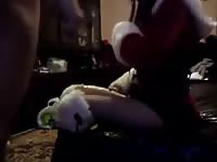 Camera caught a guy riding a sexy slut's dildo 