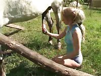 Blonde masturbating the huge dick of an animal xxx