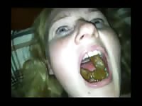 Busty babe shows poop inside her mouth