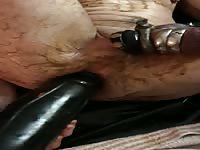 Gay gets fisted and drilled by a giant dildo
